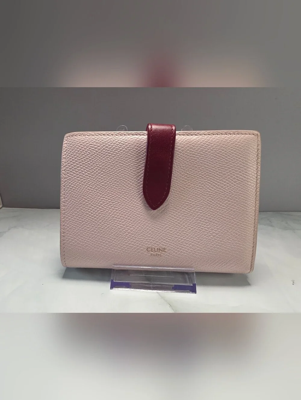 Celine Medium Strap Wallet Light Pink & Burgundy Leather w/ Box